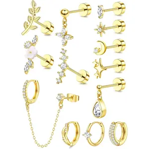 12/13Pcs 20G Flat  Earrings for Women Trendy Daith Conch Tragus Helix   Stainless Steel CZ Flat  Cartilage Hoop Earrings Set for Multiple