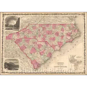 North and South Carolina - County Map with Charleston Harbor, 1863 | Historical Map Print