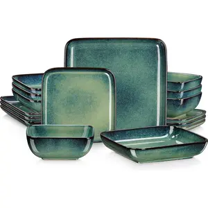 Stern Green Dinner Set- Square Reactive  Dish Set- 16 count Kitchen Dinnerware Stoneware Crockery with Dinner Plate, Dessert Plates, Bowl and Soup Plate Service for 4