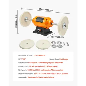VEVOR 1/2HP Bench Buffer Polisher, 8-inch Bench Polishing Buffing Machine, 1725RPM/3450RPM Dual Speed Benchtop Polisher with 2PCS Cotton Wheels Cast Iron Base for Metal, Jewelry, Wood Polishing