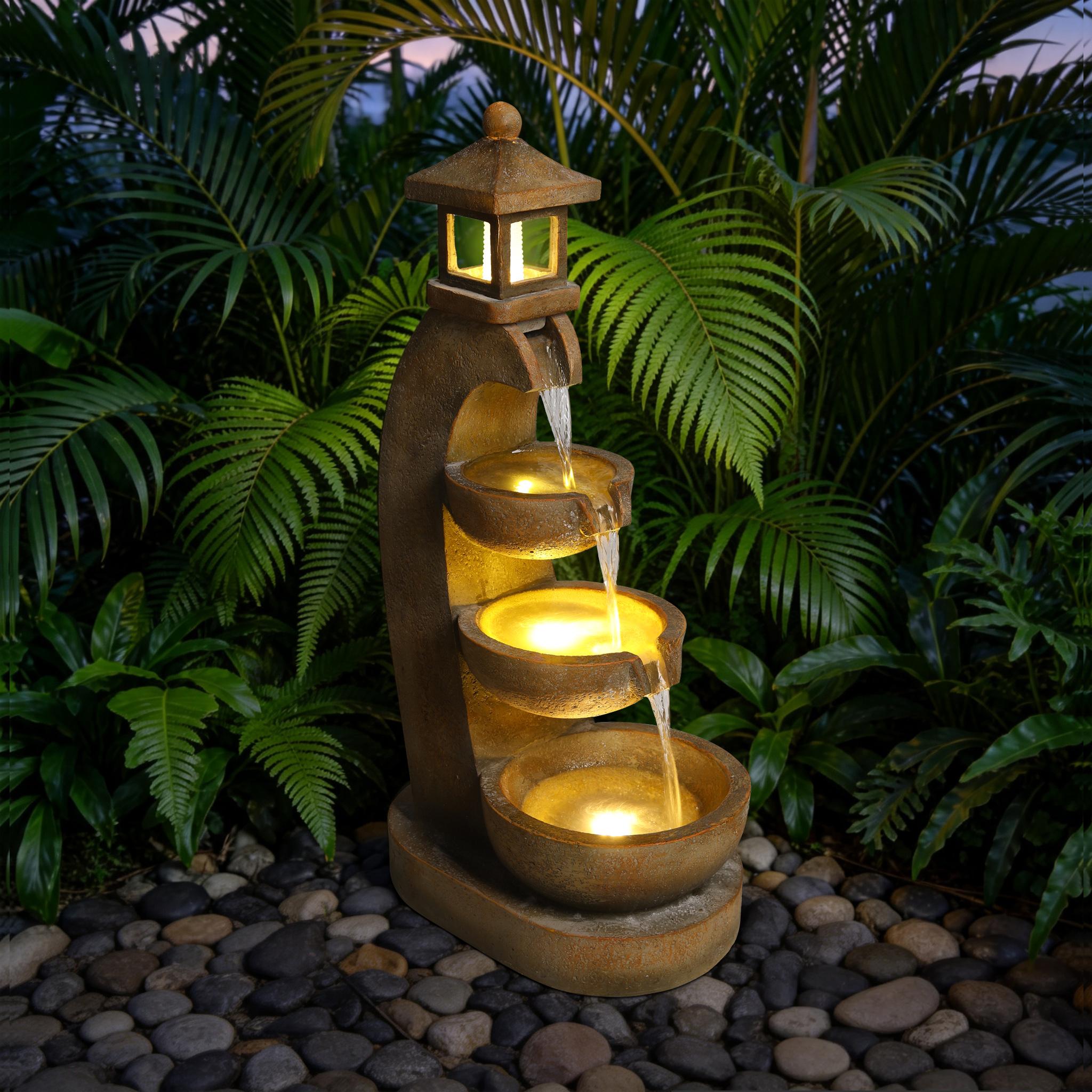 Eyisean 35.4" H Resin Outdoor Water Fountain, All-Weather Freestanding Pagoda Water Feature with LED, 3 Tier Bowl Cascading Lantern Style Garden Fountain for Porch, Home Decor Ideal Gift