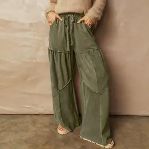 Women's Mineral Wash Pants Tiered Wide Leg Patchwork Denim Drawstring Waist Boho Adjustable Trousers