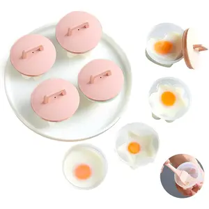 Egg Poacher Cups, 4 Pcs Poached Egg Cooker with Lid and Oil Brush Egg Coddler 4 Shapes Reusable Egg Molds, BPA Free Nonstick Egg Poaching Cups for Boiled Eggs Without Shell, Pink Kitchen Utensils