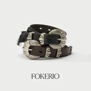 FOKERIO Women's Western Belt Top Grain Leather Women's Belt for Jeans Trousers  Vintage Silver Engraved Belt Buckle Classic Black Brown Cowgirl Belt