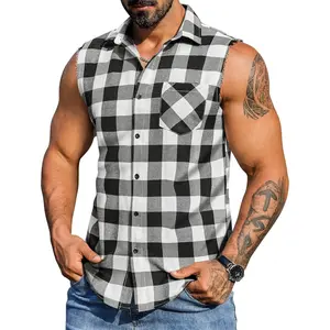 Mens Sleeveless Flannel Shirt Casual Summer Tank Top Button Up Sleeveless Beach Shirts with Chest Pocket