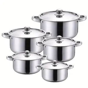 1 Set 410 Thickened Cookware Stainless Steel 10-piece Pot Set, 5 Pots, 5 Pot Lids, Pot Top Diameter 20/21/24/26cm 7.8/8.2/9.4/10.3 Inch