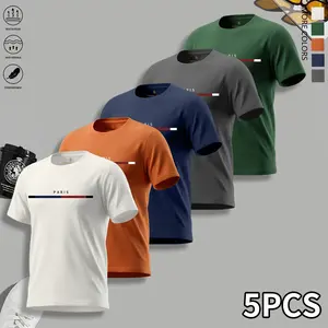 Men’s Lightweight Breathable T-Shirt Pack of 5 — Printed Quick-Dry Crew Neck Tops, Suitable for Summer Everyday Wear and Casual Outdoor Activities