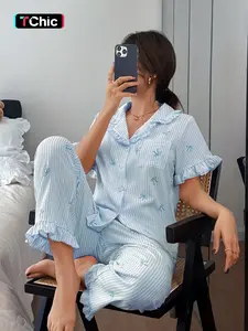 Valentine's Day Women's Sleepwear Set, Floral Print Ruffle Short Sleeve Long Pants, Casual Home Wear, Soft Button Up Top & Elastic Waist Pant