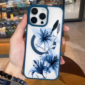 Blue Lily Pattern Clear Magnetic Phone Case , Compatible with MagSafe Silicone Bumper Protective Cover For iPhone X XS 11 12 13 14 15 16 17 Pro Max Plus Air