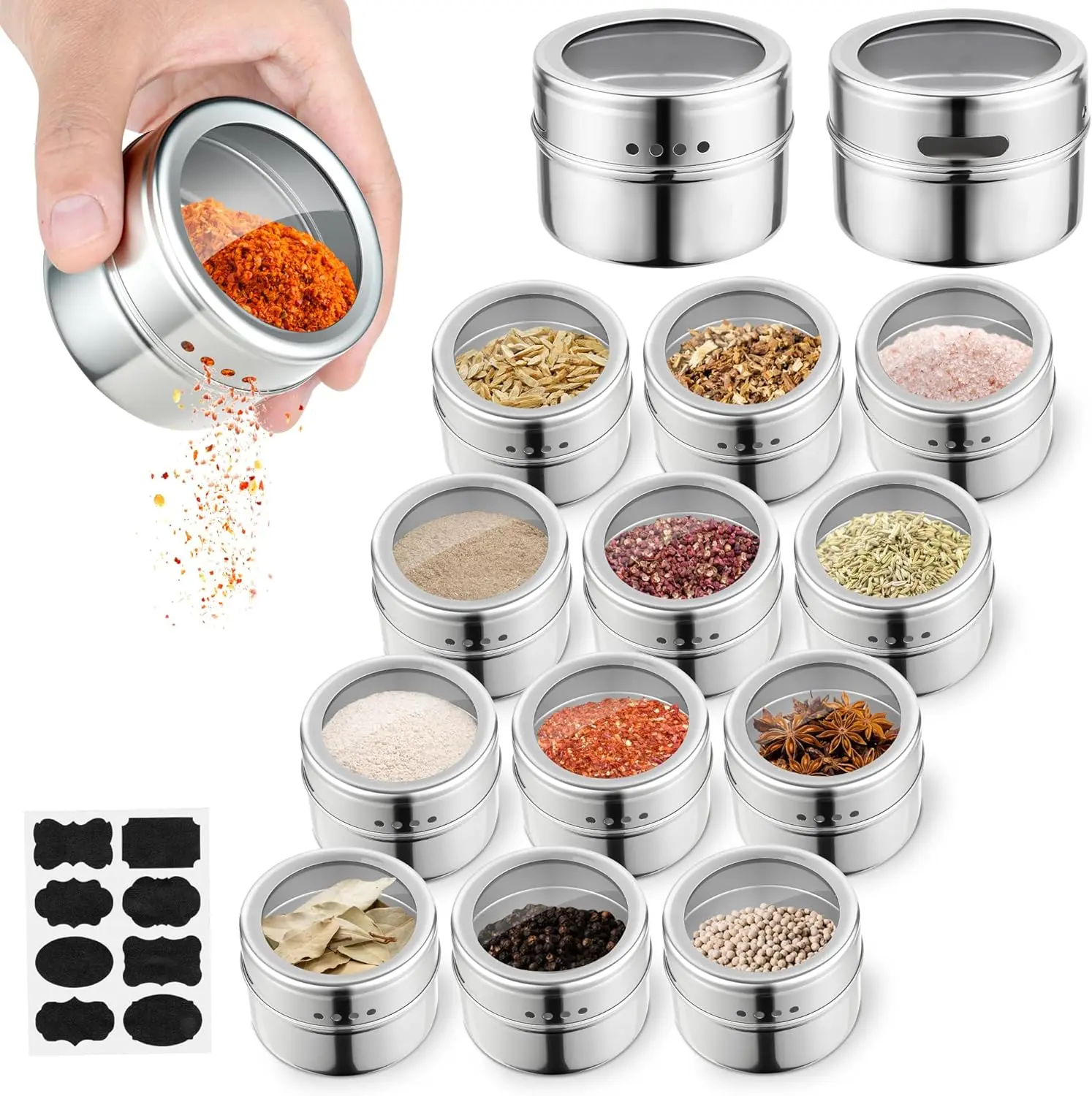 12pcs Stainless Steel Spice Jars, Magnetic Condiment Tins Magnetic Spice Jar With Clear Lid And Holes Sift&Pour - Easy To Clean