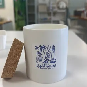 Lighthouse Candle + Scent Bar White Ceramic 12oz All Natural Decor Ornament with Cork Lid