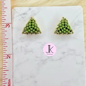 Gold & Green Handmade Earrings | Beaded Accessories For Women | Triangle Stud Earrings