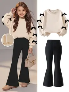 Teen Girls' Bow Decor Sweatshirt & Slim Bell Bottoms Set, Comfortable Fall Winter, Preppy Style, Long Sleeve, Regular Fit, Fashion Clothes Set