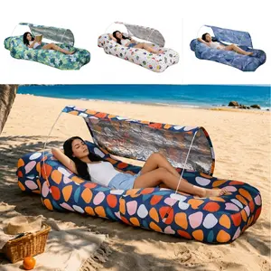 Inflatable Lounge Chair with Sun Shade UPF50+ UV Protection Fast Inflation Air Lounger for Beach Pool Camping Outdoor Relaxation