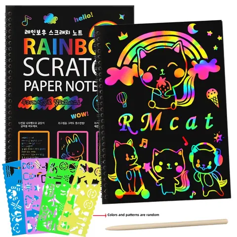 Laser Scratch Note, Scratch Art Book, 1 Set Magic Scratch Paper Art Set, Note Sheet with 1 Count Wooden DIY Stylus & DIY Templates for Party Games Creative Birthday Gifts