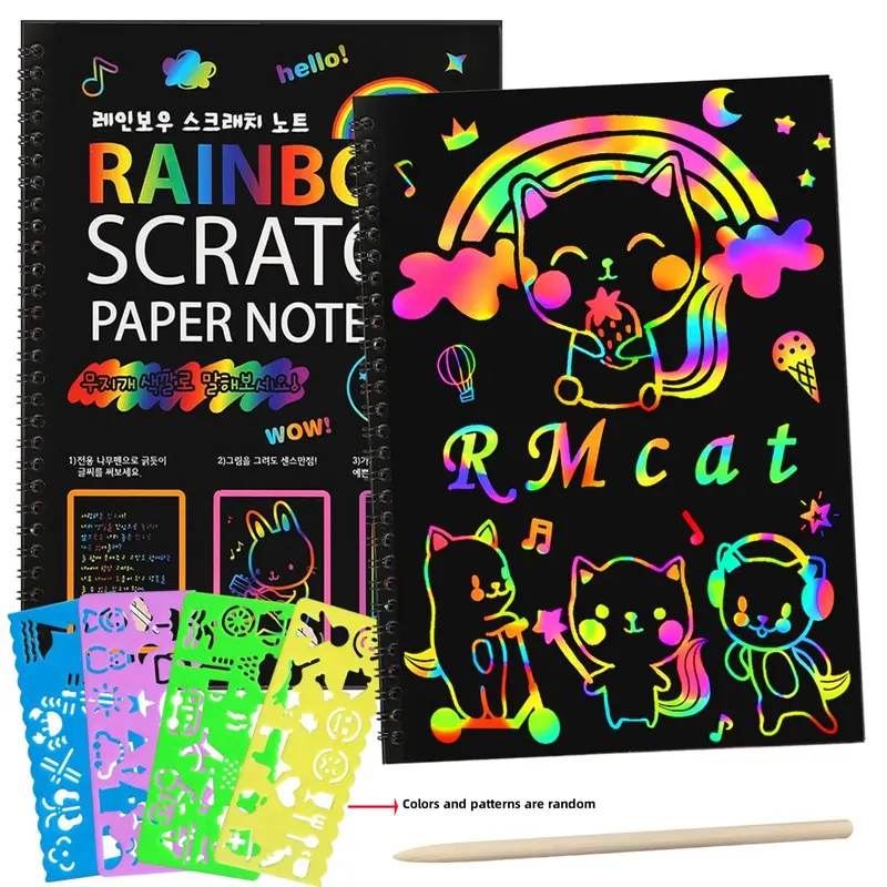 Laser Scratch Note, Scratch Art Book, 1 Set Magic Scratch Paper Art Set, Note Sheet with 1 Count Wooden DIY Stylus & DIY Templates for Party Games Creative Birthday Gifts
