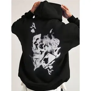 Men’s Gothic Skull & Gambling Graphic Hoodie |   Streetwear Pullover, Black Ace of Spades Print, Dice Design, Fall/Winter Essential