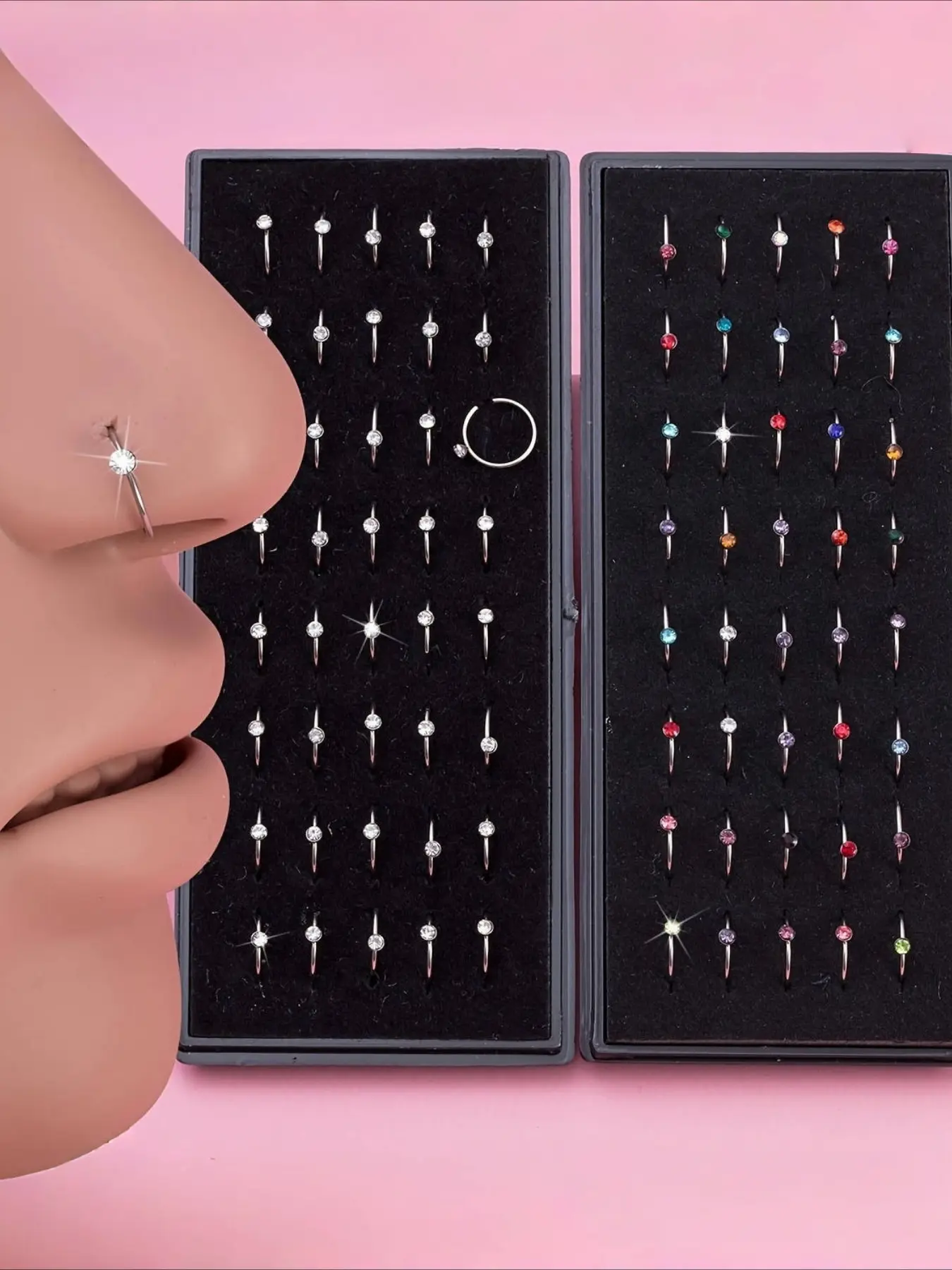 40pcs Elegant Rhinestone Nose Rings Set, Gems Nose Ring, Acrylic Nostril Piercing Hoop Rings, Spiral Nose Ring, 8mm Cartilage Tragus Daith Earrings, 20 Gauge, Cute Daily & Party Accessory, All-Season Jewelry, Nose Piercings Kit