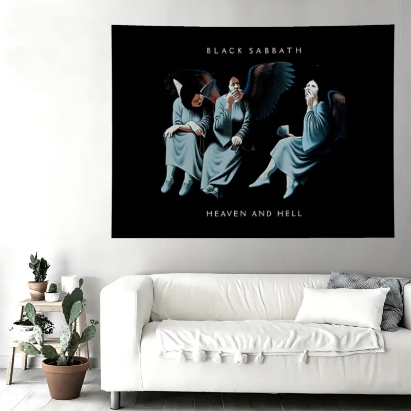 Black Sabbath Heaven and Hell Album Cover Wall Flag, Retro Heavy Metal Rock Band Print Tapestry, Angel Art Black Background Living Room Wall Decor