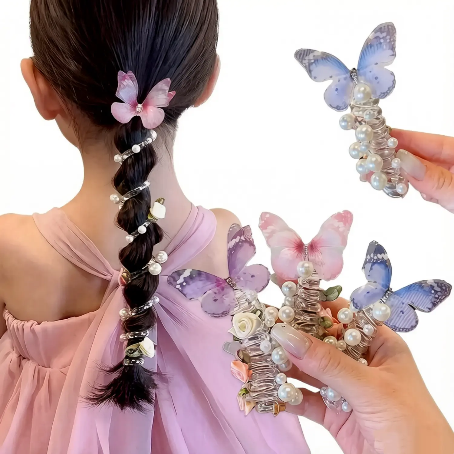 DIY Bag Accessories Elastic Telephone Cord Hair Ties, 3-Piece Set for Girls with Mesh Butterfly & Flower Beads for Hair, Ponytail Accessories for Everyday & Party Wear, Elastic Hair Accessory