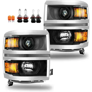 Halogen Porjector Headlights Assembly for 2014 2015 Chevy Silverado 1500 Pickup Truck, OE Style Pair Set Front Headlamps with High/Low Beam Bulbs, Chrome Trim+Black Housing+Amber Reflector