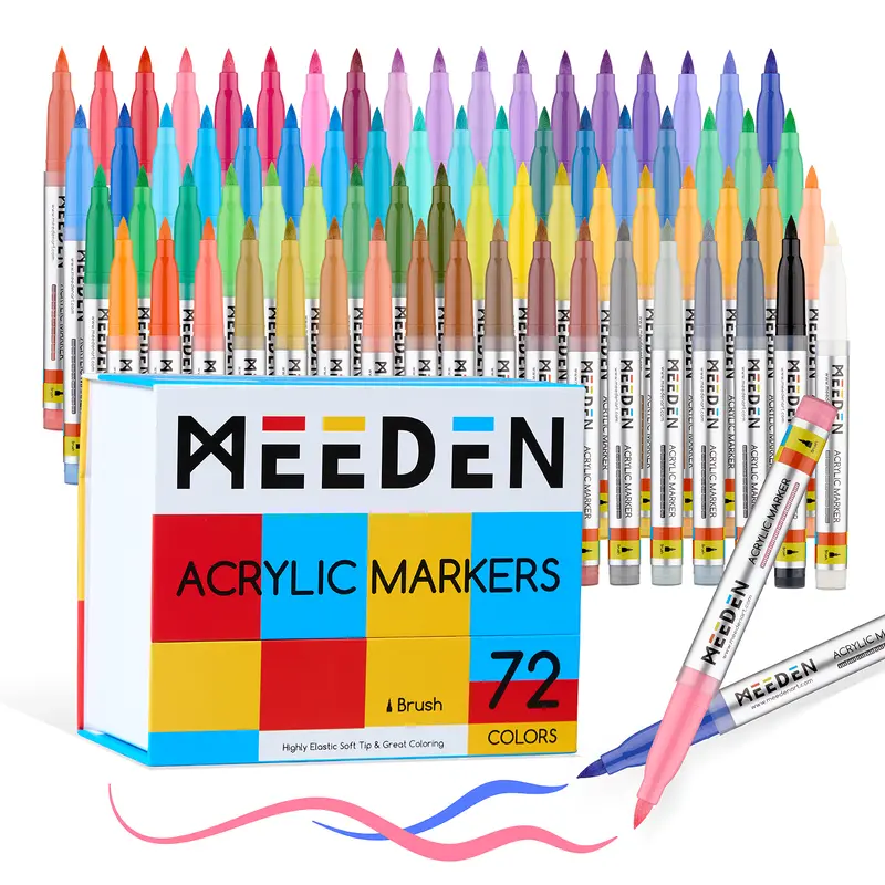 MEEDEN Brush Tip Acrylic Markers - 24/48/72-Color Large Set, 7.5ml Capacity, Automatic Ink Control, Waterproof, Vivid Colors, Fabric Compatible, for Wood/Glass/Canvas, Thanksgiving Use, Aesthetic Drawing & Painting Supplies for Artists