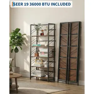 OUTGOODS No-Assembly 5-Tier Folding Bookshelf, Vintage Bookcase Storage Shelves, Standing Rack Study Organizer for Home Office Brown
