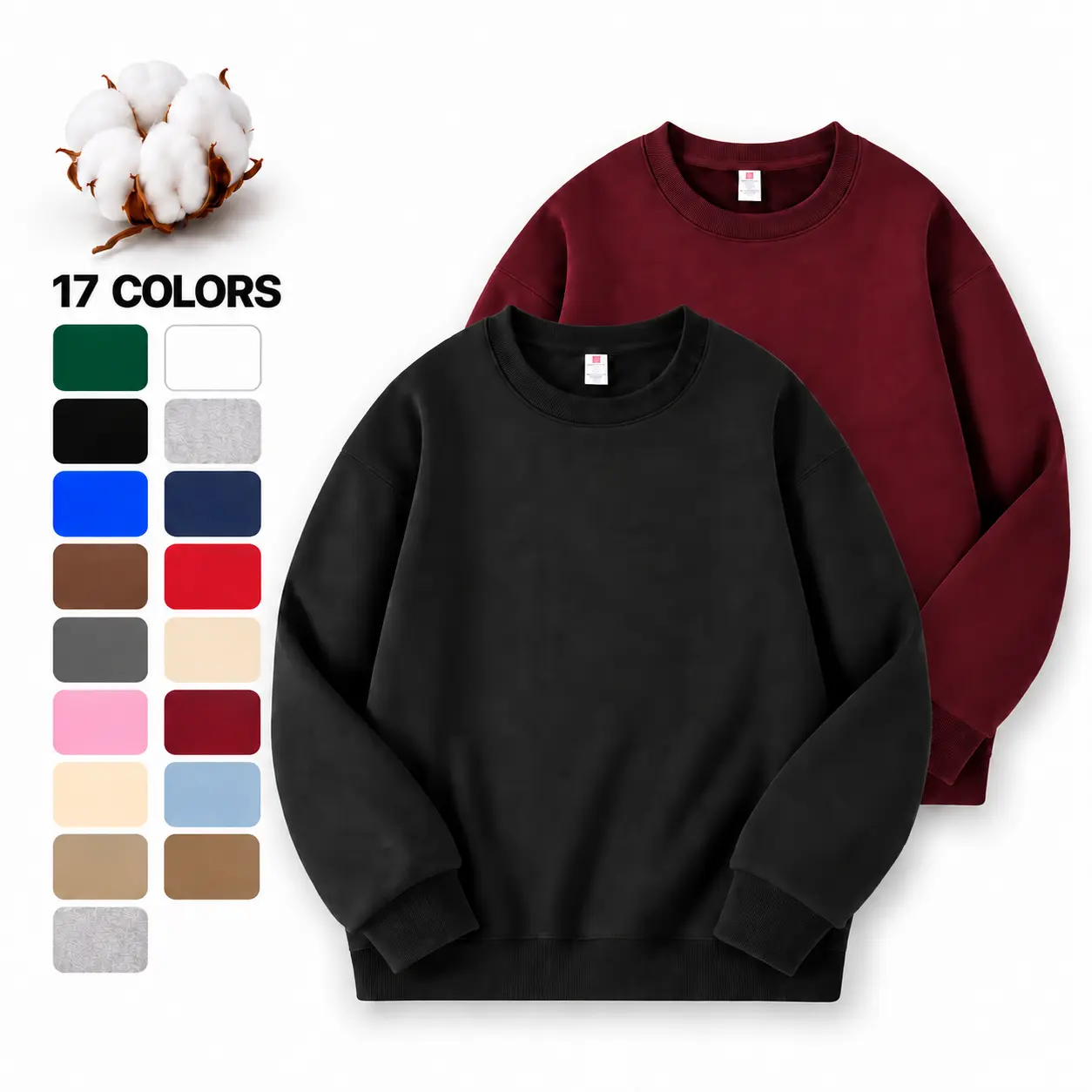 Men's 2-Pack Cotton Crew Neck Long Sleeve Pullover Sweatshirts, Relaxed Fit Solid Basics with Ribbed Collar Cuffs Hem, Comfortable Fall Streetwear for Everyday Wear & Travel, Ribbed Texture Men's Sweatshirts, Long Sleeve Men's Sweatshirts