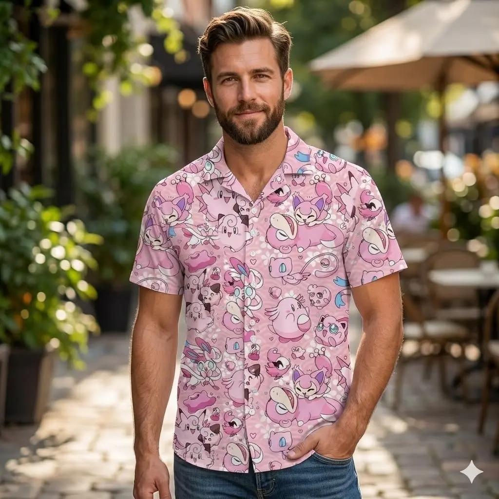 P.k.M Hawaiian Shirt Set, Pink A.ni.me Beach Outfit, Cute Fairy P.k.M Shirt Shorts Set, Summer Vacation Outfit, Family Hawaiian Shirt #Hawaiianshirt #Alohashirt