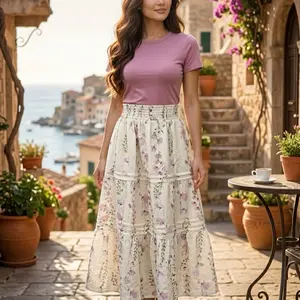 Elegant Floral Tiered Skirt  Detail for Women's Summer Outfits