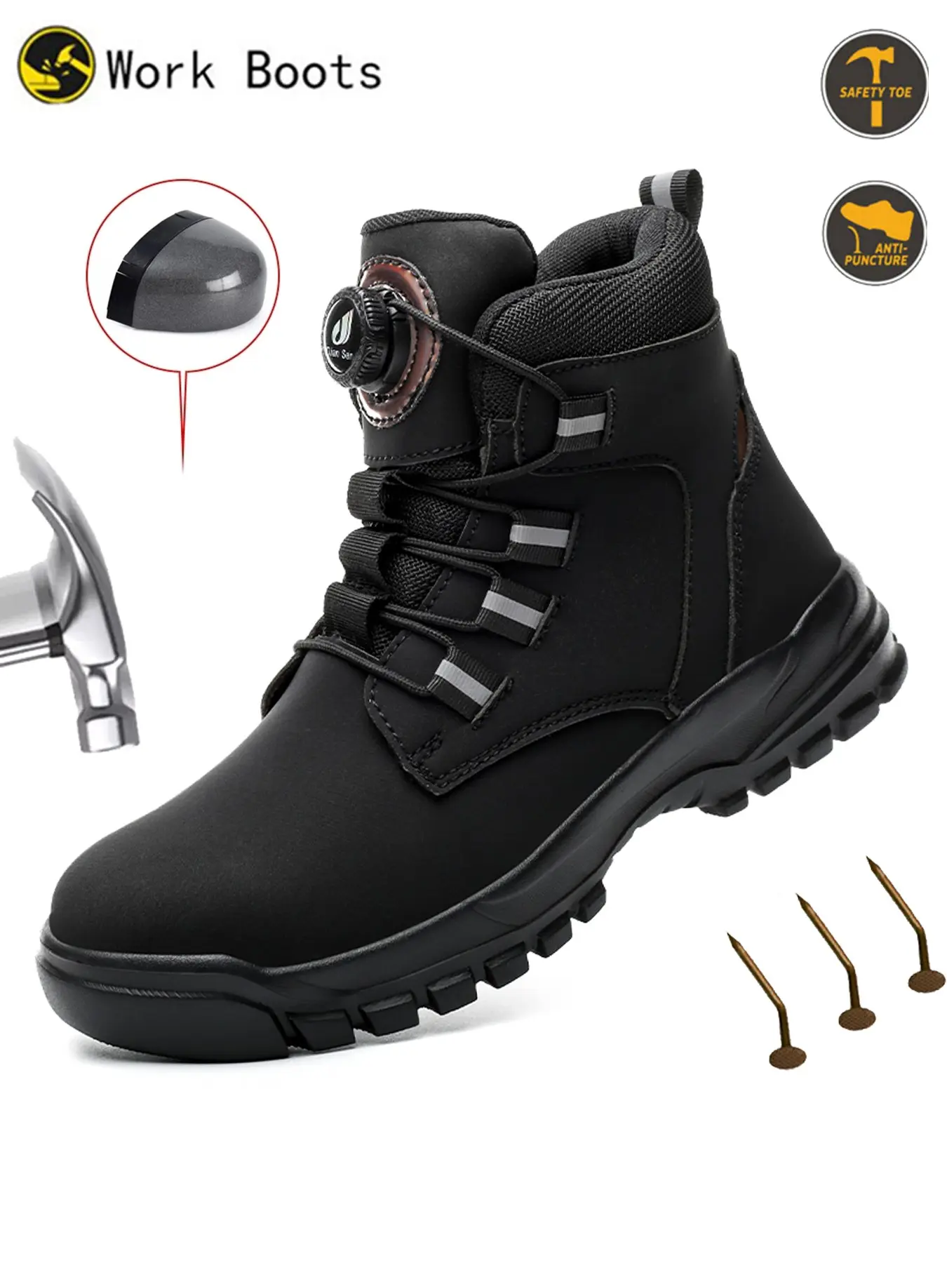 Waterproof Steel Toe Boots, Safety Workboots, Comfortable Mens Protective Work Boots Rotary Buckle Lightweight Non Slip Puncture Resistant Anti-smash Industrial Construction Boots