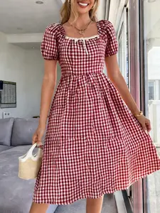 Vintage French Red & White Gingham Square Neck Puff Sleeve Tie-Front Backless Waist-Cinched Cottagecore Vacation Midi Dress Chill Coastal Red & White Gingham Square Neck Puff Sleeve Tie-Front Backless Waist-Cinched Casual Beach Midi Dress