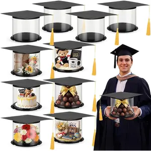10 Sets 7 x 6 Inch Graduation  Candy Boxes 2026 Grad Cap Flower Boxes with Tassel Clear Empty Cupcake Holder Container for DIY College Ceremony Party Supplies