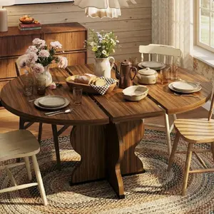 47"-63" Extendable Round Dining Table with Farmhouse Wood, Sturdy Metal Frame and 4-8 Seats, Space-Saving Design, for Kitchen Apartment Dining room