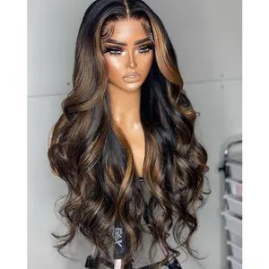 Jessie's Wig [Lea] Brown Highlights Glueless 13x5 Pre Cut Pre plucked HD Lace Frontal Wavy Wig Black Roots Human Hair