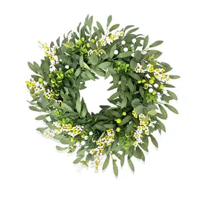 Spring Summer Artificial Wreath Olive Leaf Berry Front Door Hanging Handmade Wreath, Indoor Outdoor Farmhouse Home Porch Wall Window Holiday Wedding Decor