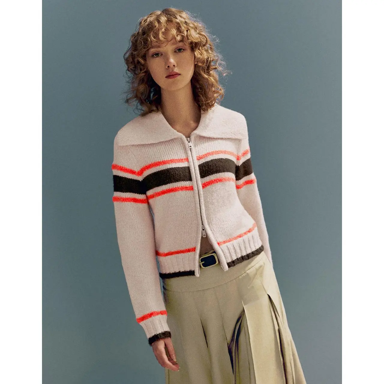 URBAN REVIVO Women's Striped Wool Mohair Blend Cardigan - Cropped Long Sleeve, Collared Zip-Up Casual Style, Knitting, Fit, Stretchy, Zipper, Sweater, Fabric, Knitwear, Tops, Plaid, Fitted, Lady, Long Sleeves