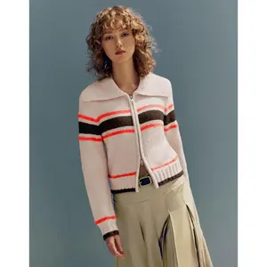 URBAN REVIVO 2026 Spring New Women's Zipper Front Striped Knitted Cardigan - Casual Cropped Collared Sweater UWU940023