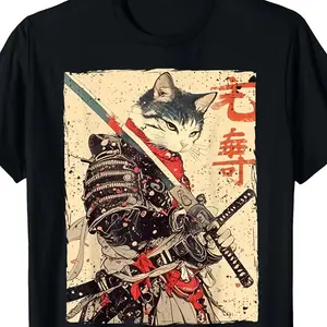 Samurai Cat Warrior Ukiyo-E Ink Art Graphic Cotton T-Shirt, Black Japanese Kanji Casual Crew Neck Tee Ideal Holiday Gift