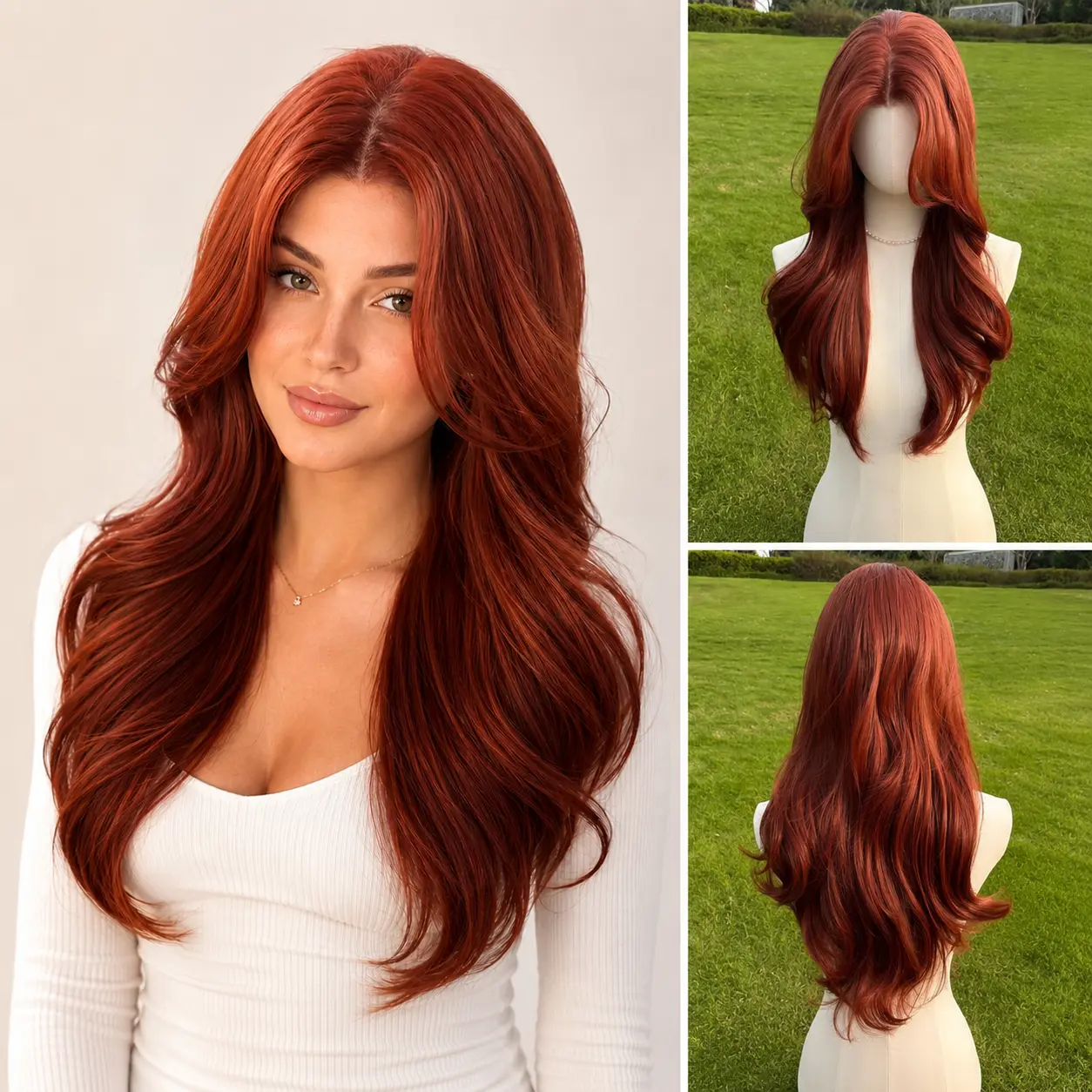 SMILCO 26Inch Copper Ginger Low Density Pre-Cut 13*6 Lace Front Free Part Futura Layer Cutted Long Curly  Glueless Natural Hairline Synthetic Lace Front Wig SM9915 Heat-Resistant Durable Fiber Body Wave Wig Layered Wigs