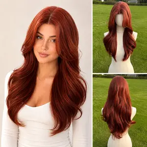SMILCO 26Inch Copper Ginger Low Density Pre-Cut 13*6 Lace Front Free Part Futura Layer Cutted Long Curly  Glueless Natural Hairline Synthetic Lace Front Wig SM9915 Heat-Resistant Durable Fiber Body Wave Wig Layered Wigs