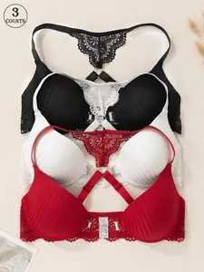 Women's Solid Color Lace Brassiere Fit Bra, Casual Comfortable Breathable Adjustable Strap Push Up Bra, Soft Lingerie for All Seasons, Adjustable Bras