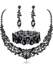 Black Bridal Jewelry Set for Women Rhinestone Wedding Necklace Bracelet Dangle Earrings for Bride Bridesmaid Prom Jewelry Accessories