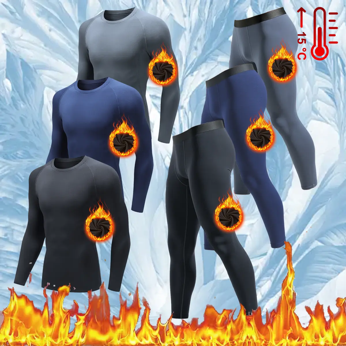 Men's 6-Piece Plain Fleece-Lined Thermal Underwear Set - Menswear Base Layer with Long Sleeve Crew Neck Tops & Trousers for Winter Fitness, Outdoor Athletic Activities