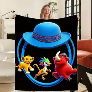 Cozy Flannel Blanket with Simba Timon Pumbaa Blue Hat Design Soft Machine Washable All Seasons Sofa Camping Office Use Durable Comfortable Home Decor Gift for Birthdays Christmas Thanksgiving