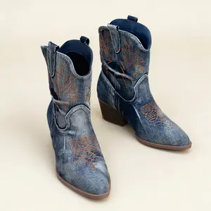Women's Western Style Denim Embroidered Short Boots with Vintage Pattern Side Zipper Stable Chunky Heel for Daily Commuting & Casual Outings