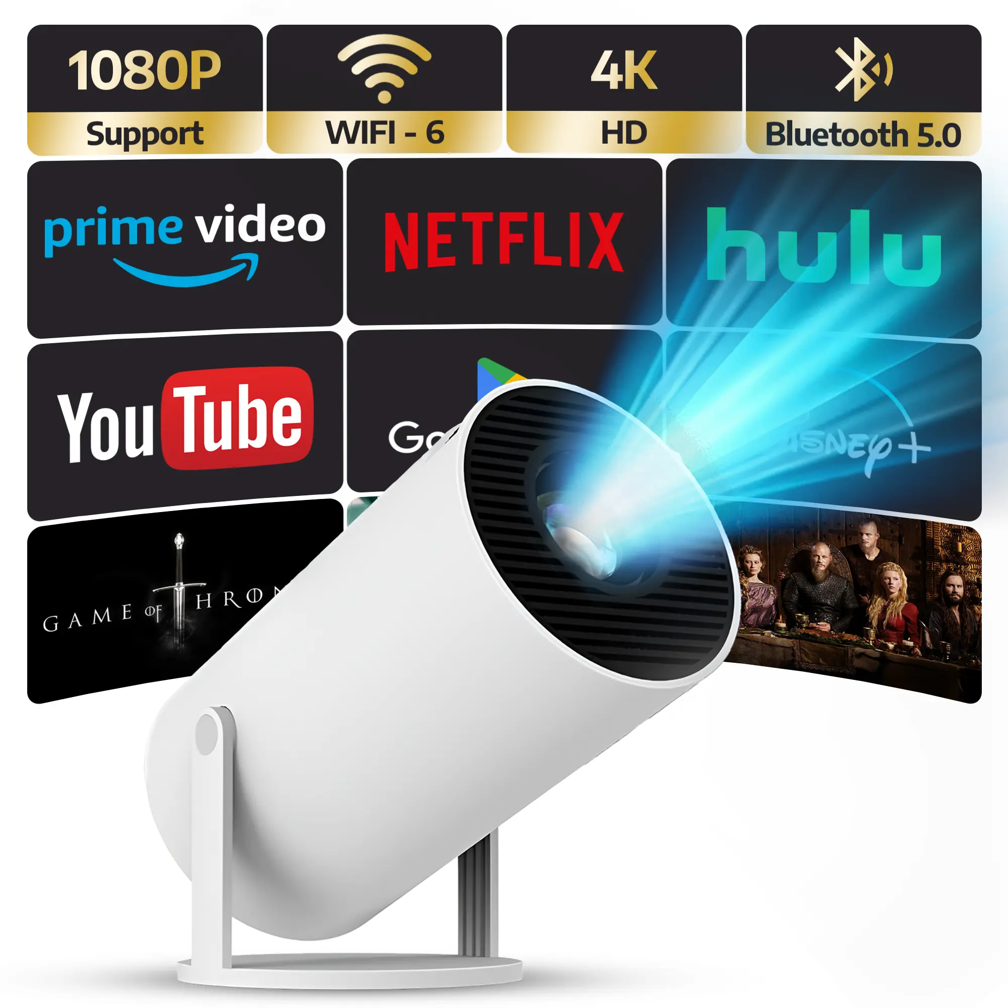 SSC Projector with WiFi 6 & Bluetooth Screen Mirroring Movie TV Home Android 180° Rotatable HDMI Portable Multifunctional Projector for Home Cinema Outdoor 1080P 4K HD Wireless