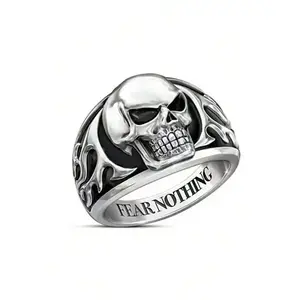 Skull-Shaped Ring, Antique Silver Finish, Zinc Alloy, Fearless Vintage Fashion Jewelry, “FEAR NOTHING” Design, Statement Hip-Hop Style