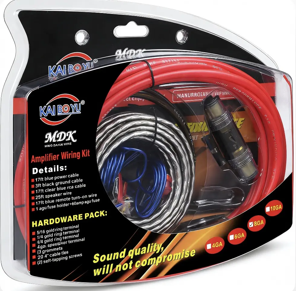 8GA Car Amplifier Kit: Thick gauge RCA/power cable with fuse control; interference-resistant, heat-resistant, built-in ground wire. Red/blue/black cables plus terminals for connecting to car stereos or home upgrades. Universal, suitable for all models. Su