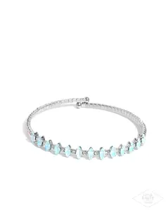Dandy Dance - Blue Rhinestone Silver Coil Flex Cuff Bracelet - Pink Diamond Bring Back - Paparazzi